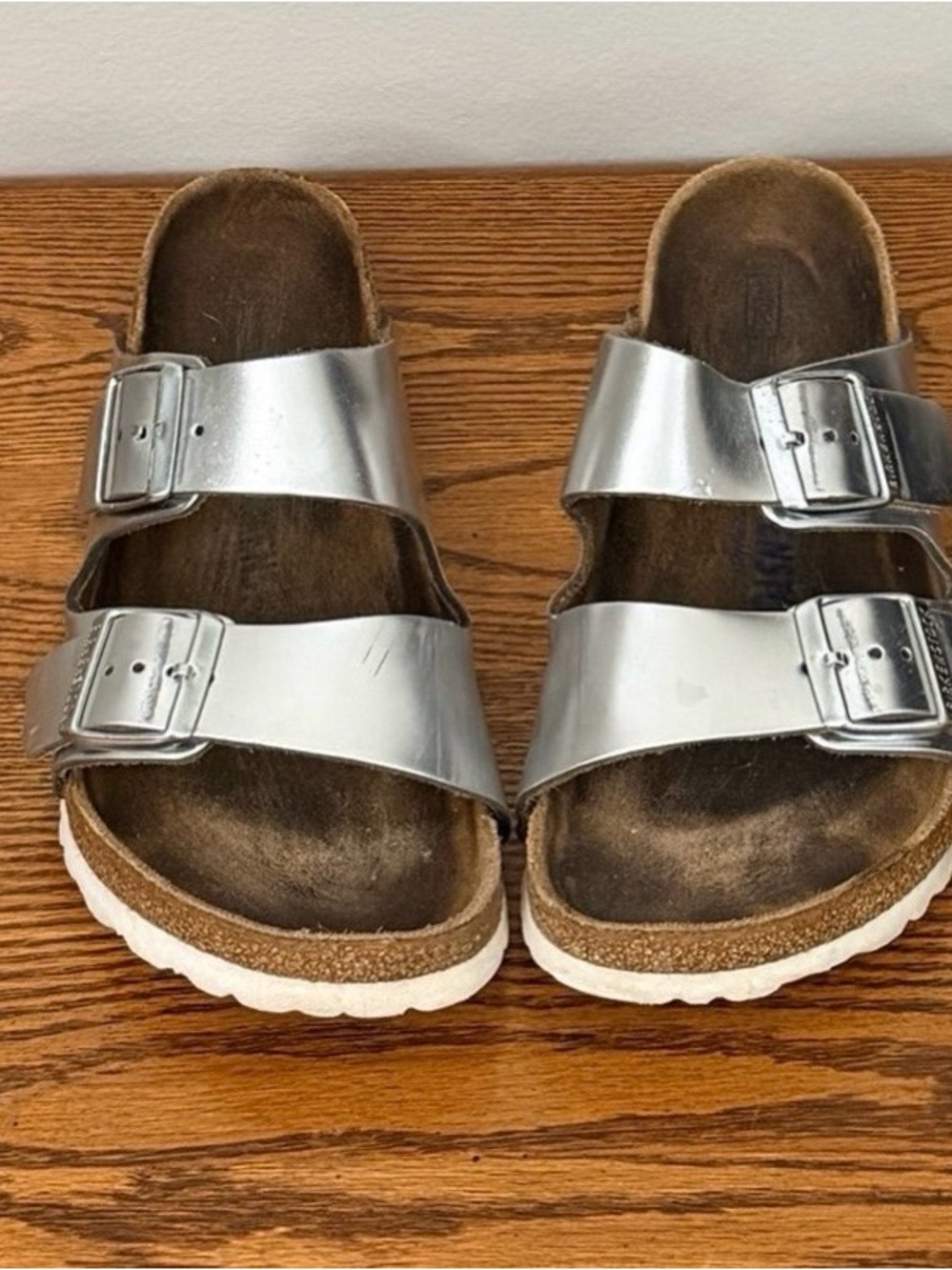 Birkenstock Arizona Silver Two Strap Sandals 38 EU 7.5 US - Picture 1 of 10